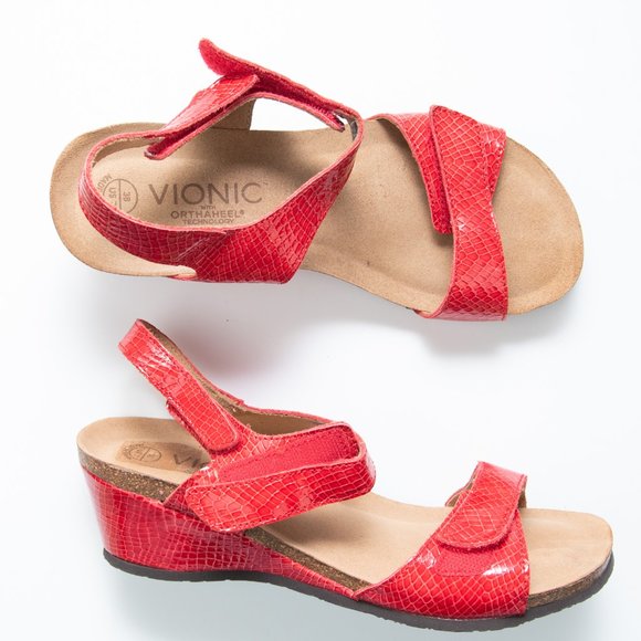 Vionic Natasa Sandals Patent Leather Snakeskin Wedge Open Toe Comfy Red Size 7 - Picture 1 of 9